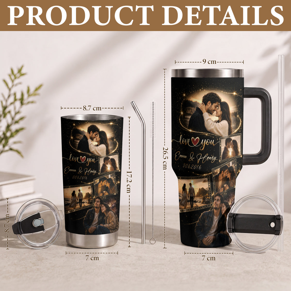 Custom Couple Photo Collage Tumbler Names Date Insulated Thermal Mug Cup Lid Top