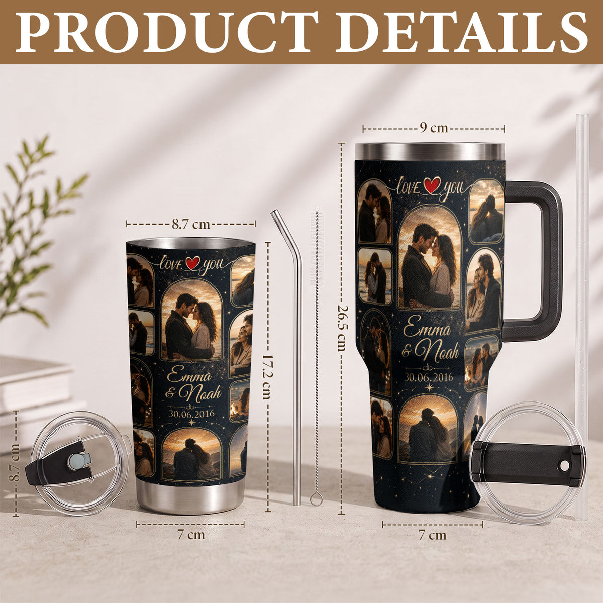 Custom Romantic Photo Collage Tumbler Names Date Thermal Drinkware Cup Lid Piece