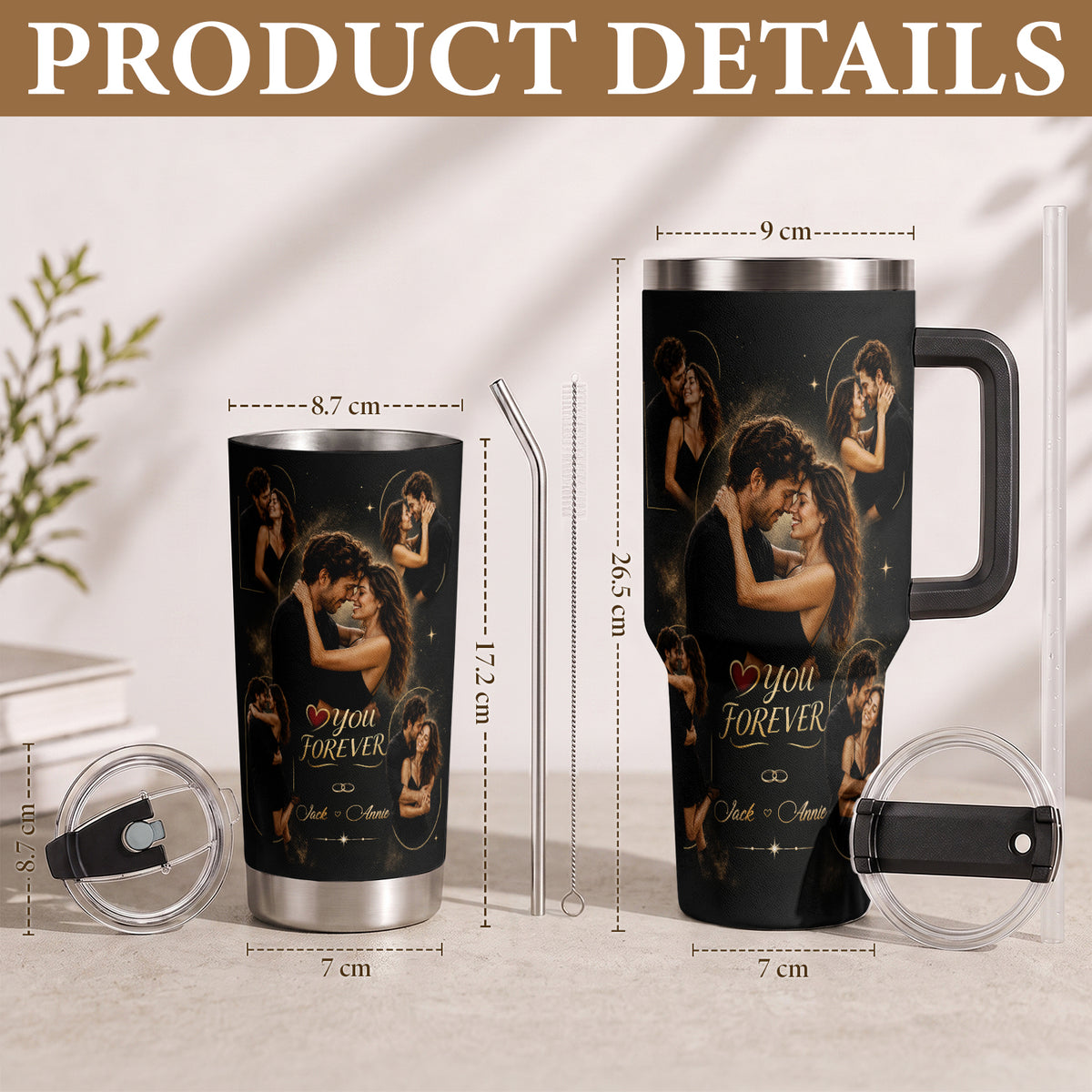 Custom Couple Forever Photo Collage Tumbler Names Date Thermal Drinkware Cup Lid Item