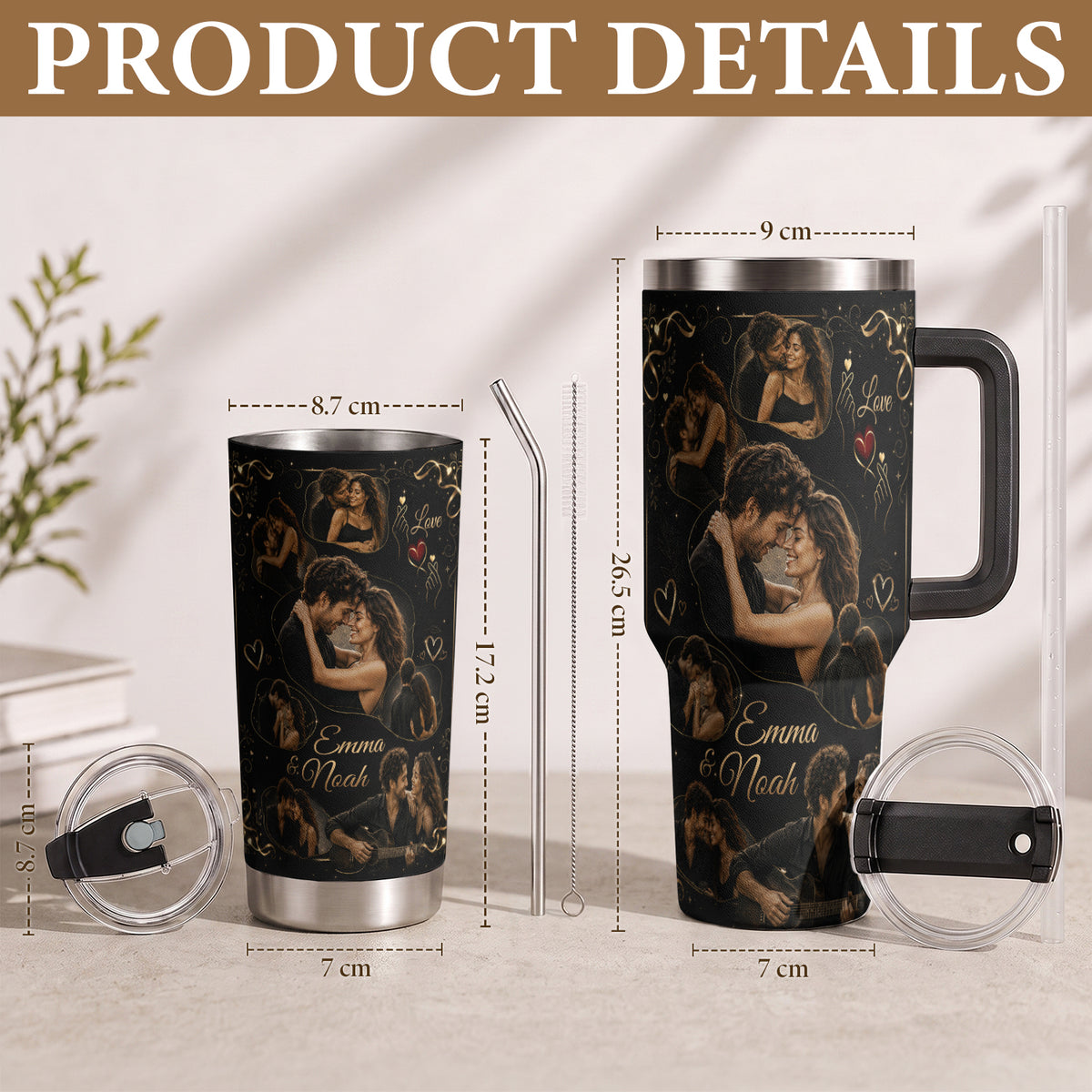 Custom Couple Love Photo Collage Tumbler Names Thermal Drinkware Cup Lid Piece Item