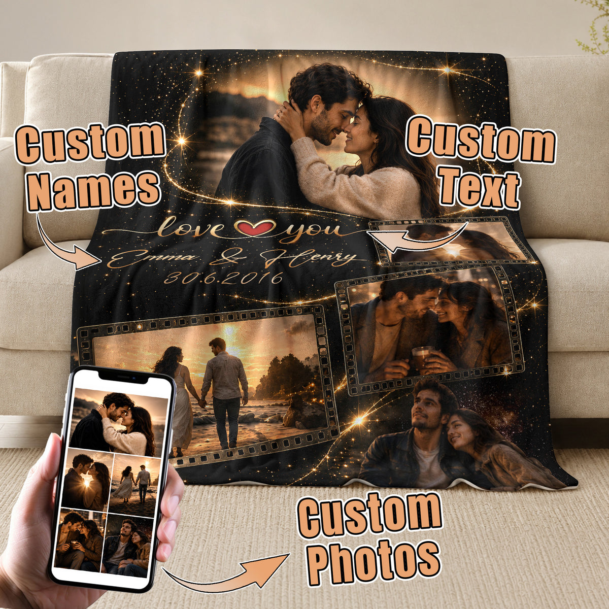 Custom Couple Photo Blanket Picture Collage Film Roll Soft Fleece Throw Anniversary Gift