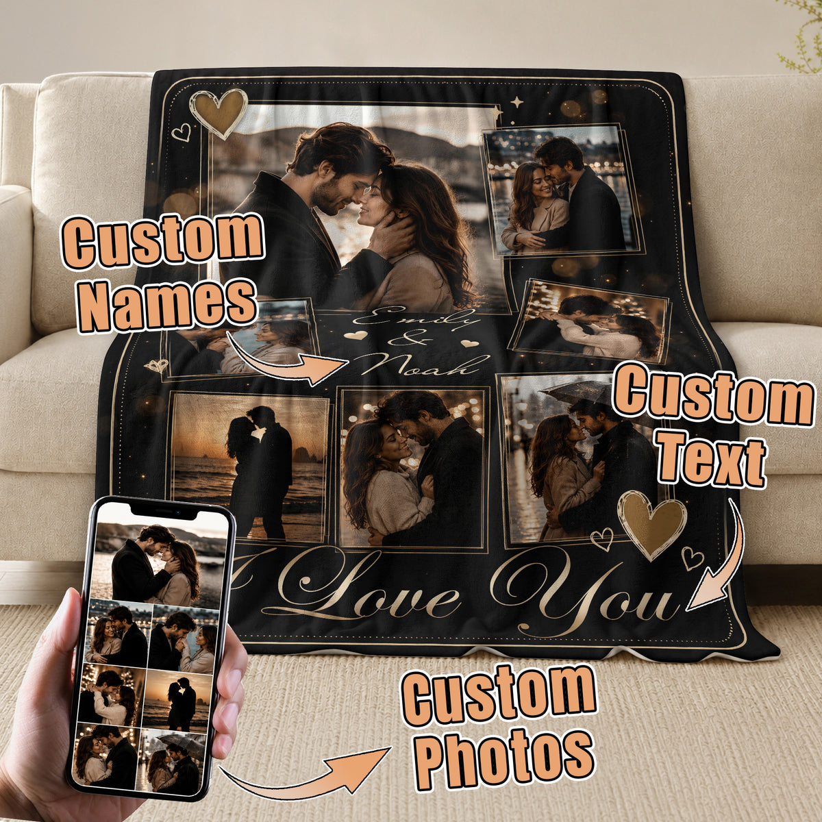 Custom Couple Photo Blanket Picture Collage I Love You Names Soft Fleece Anniversary Gift
