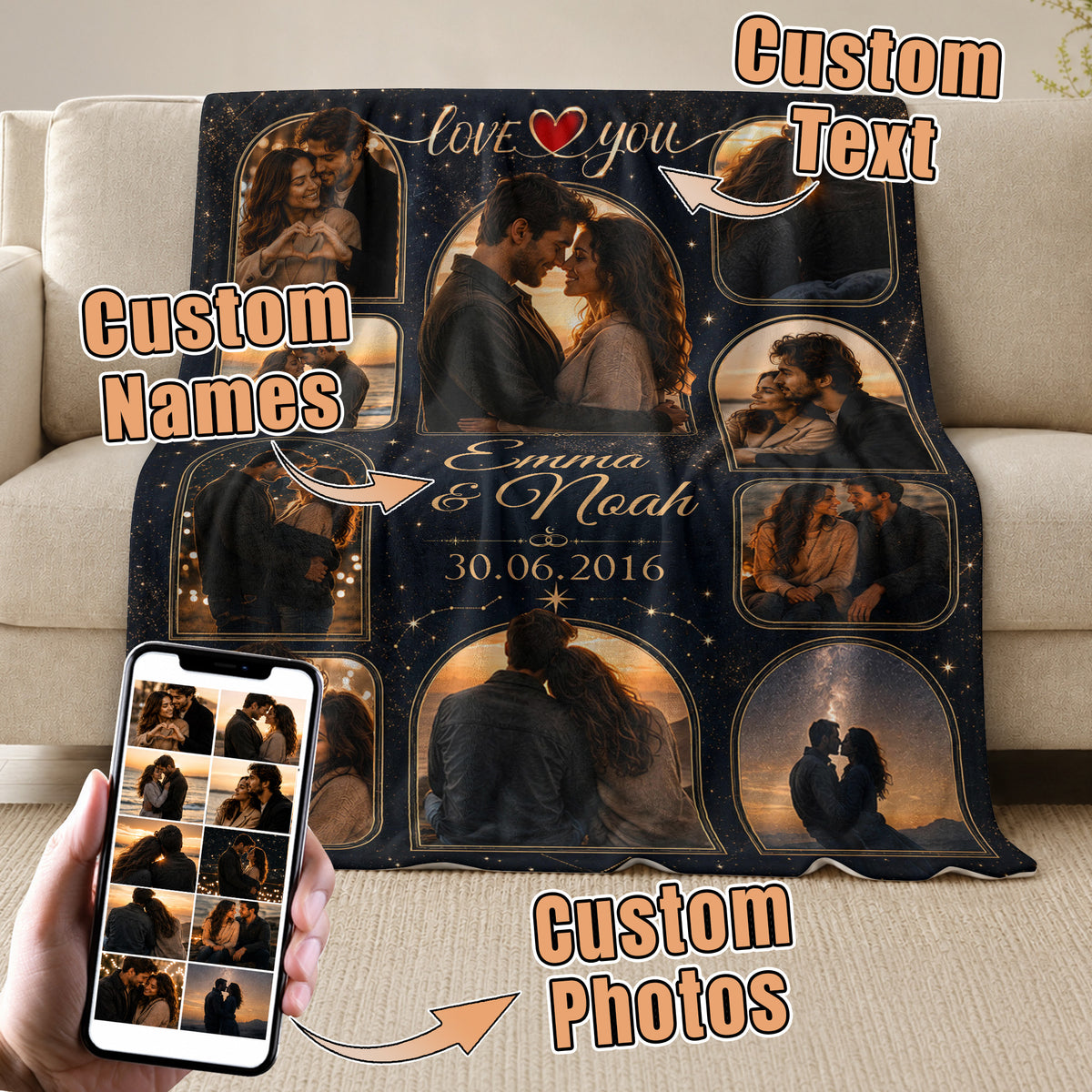 Custom Photo Blanket Collage Couple Names Date Heart Soft Fleece Throw Romantic Love Gift