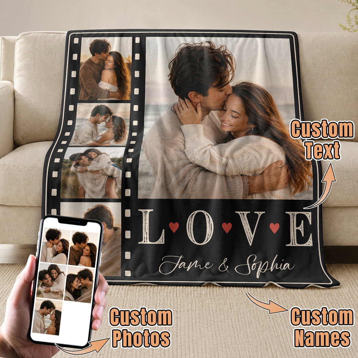Custom Couple Photo Blanket Picture Collage Film Strip Soft Fleece Throw Anniversary Gift