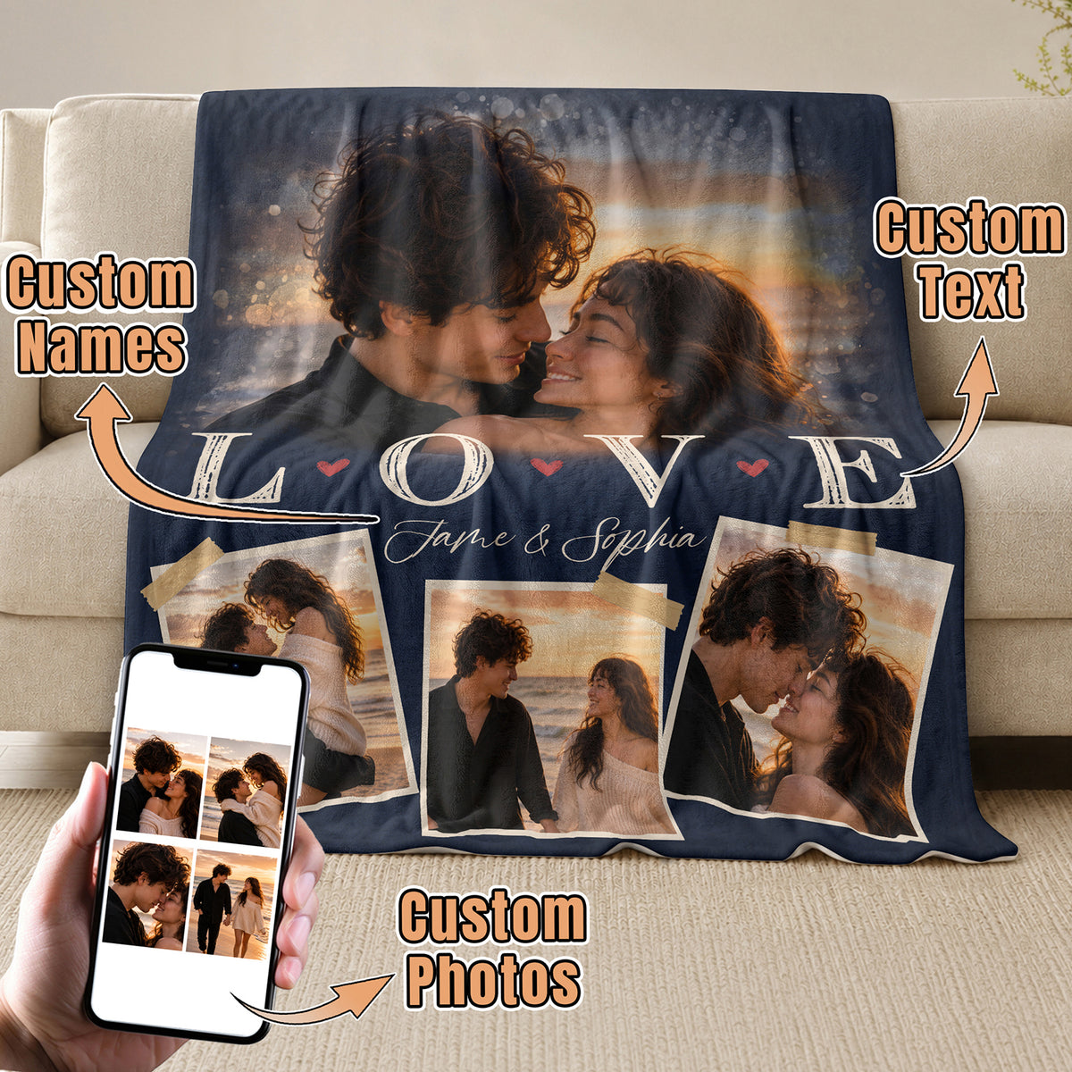 Custom Couple Photo Blanket Picture Collage Love Names Soft Fleece Throw Anniversary Gift
