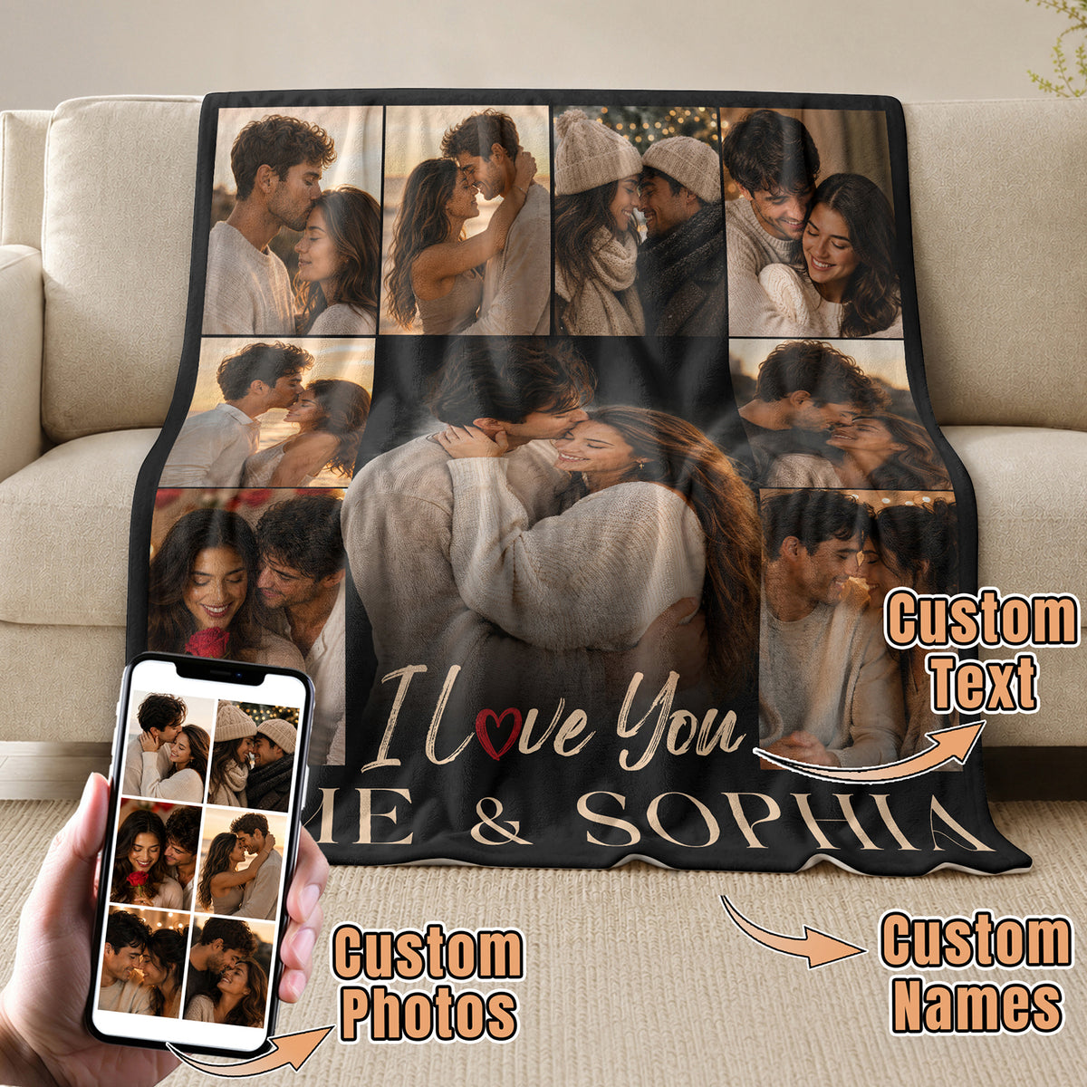 Custom Photo Blanket Collage Couple Names I Love You Soft Fleece Throw Romantic Love Gift