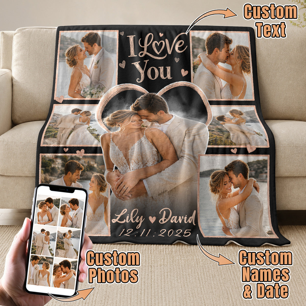 Custom Photo Blanket Collage Couple Names Date Heart Soft Fleece Throw Romantic Wedding