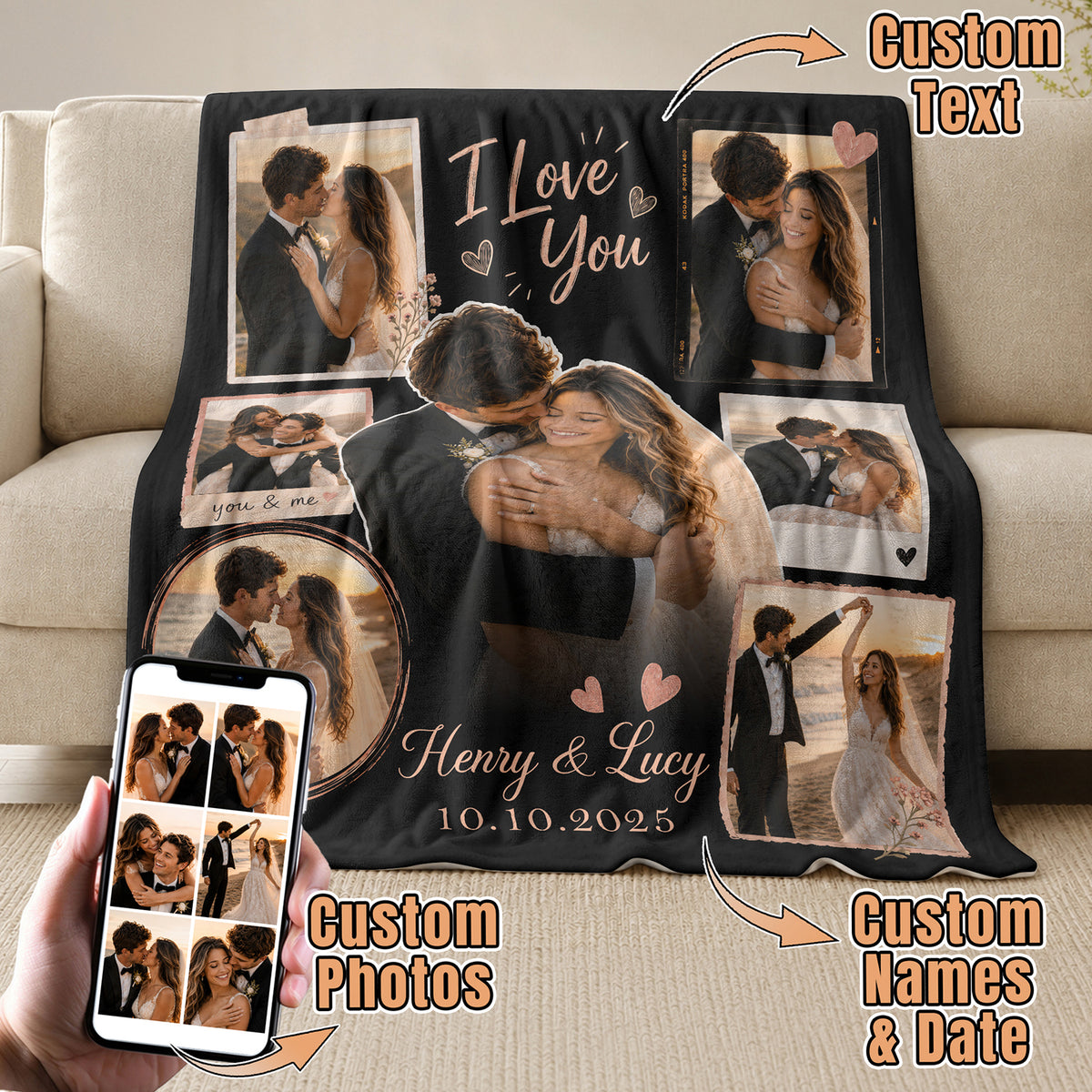 Custom Couple Photo Blanket Picture Collage I Love You Names Date Fleece Anniversary Gift