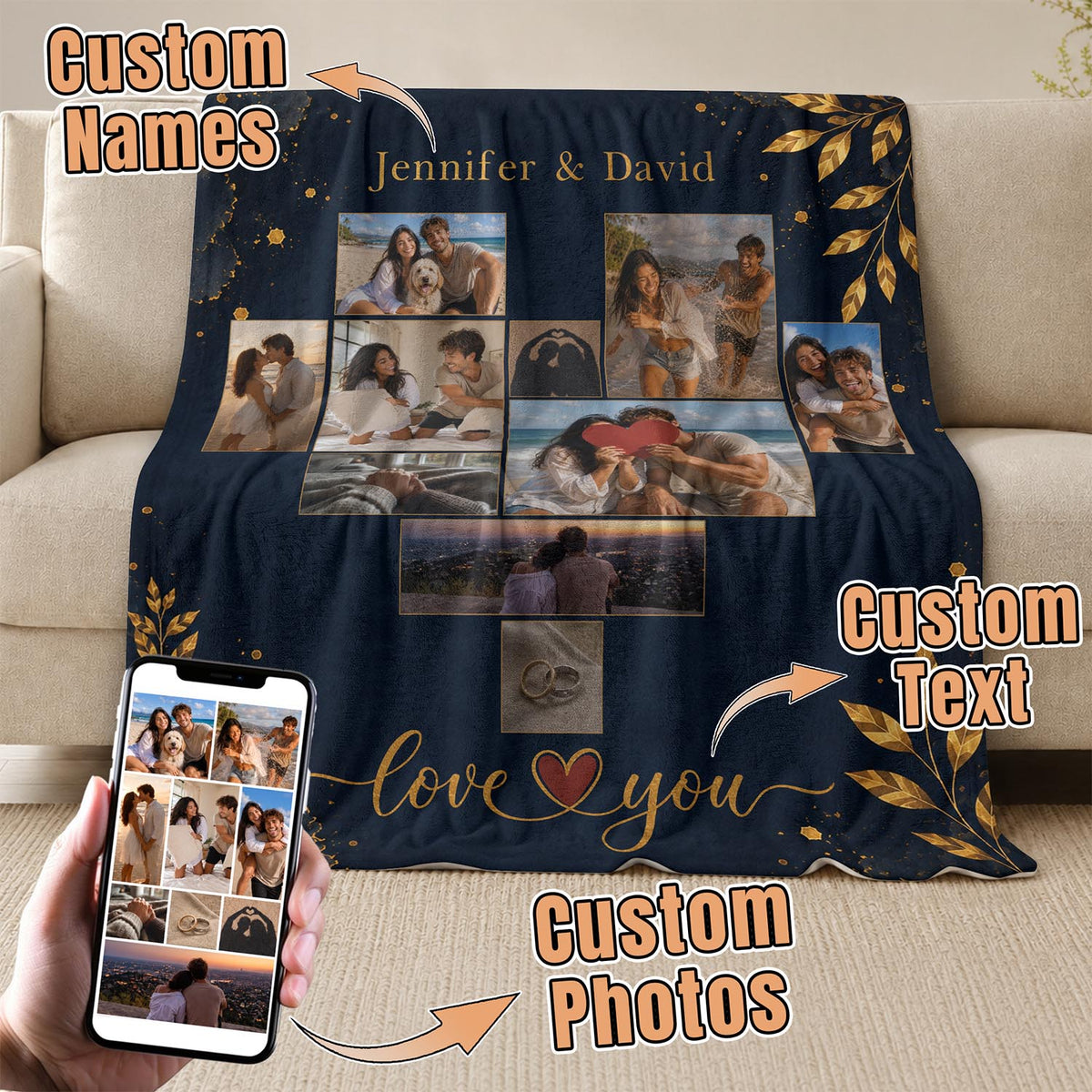 Custom Couple Photo Blanket Picture Heart Collage Names Soft Fleece Throw Anniversary Gift