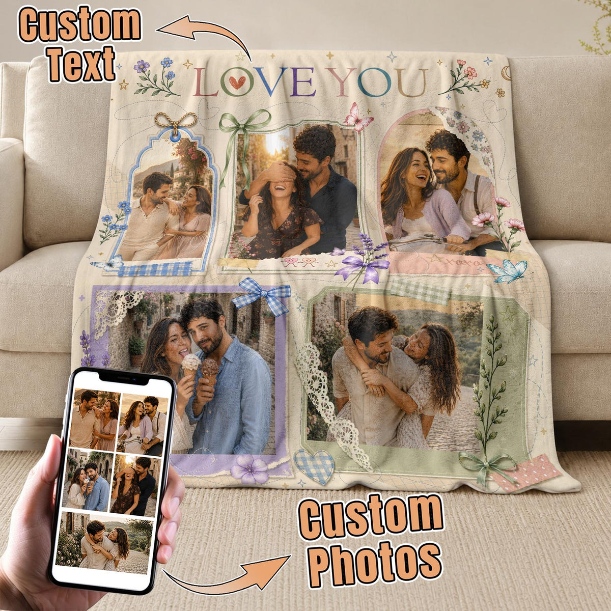 Custom Couple Photo Blanket Picture Collage Floral Love You Fleece Throw Anniversary Gift
