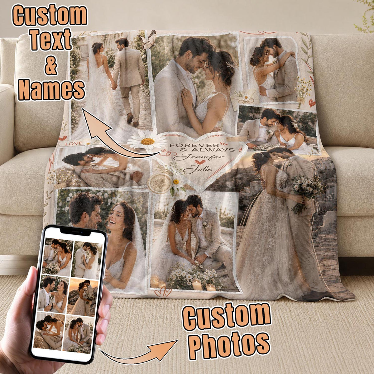 Custom Couple Photo Blanket Picture Forever Always Heart Collage Fleece Anniversary Gift