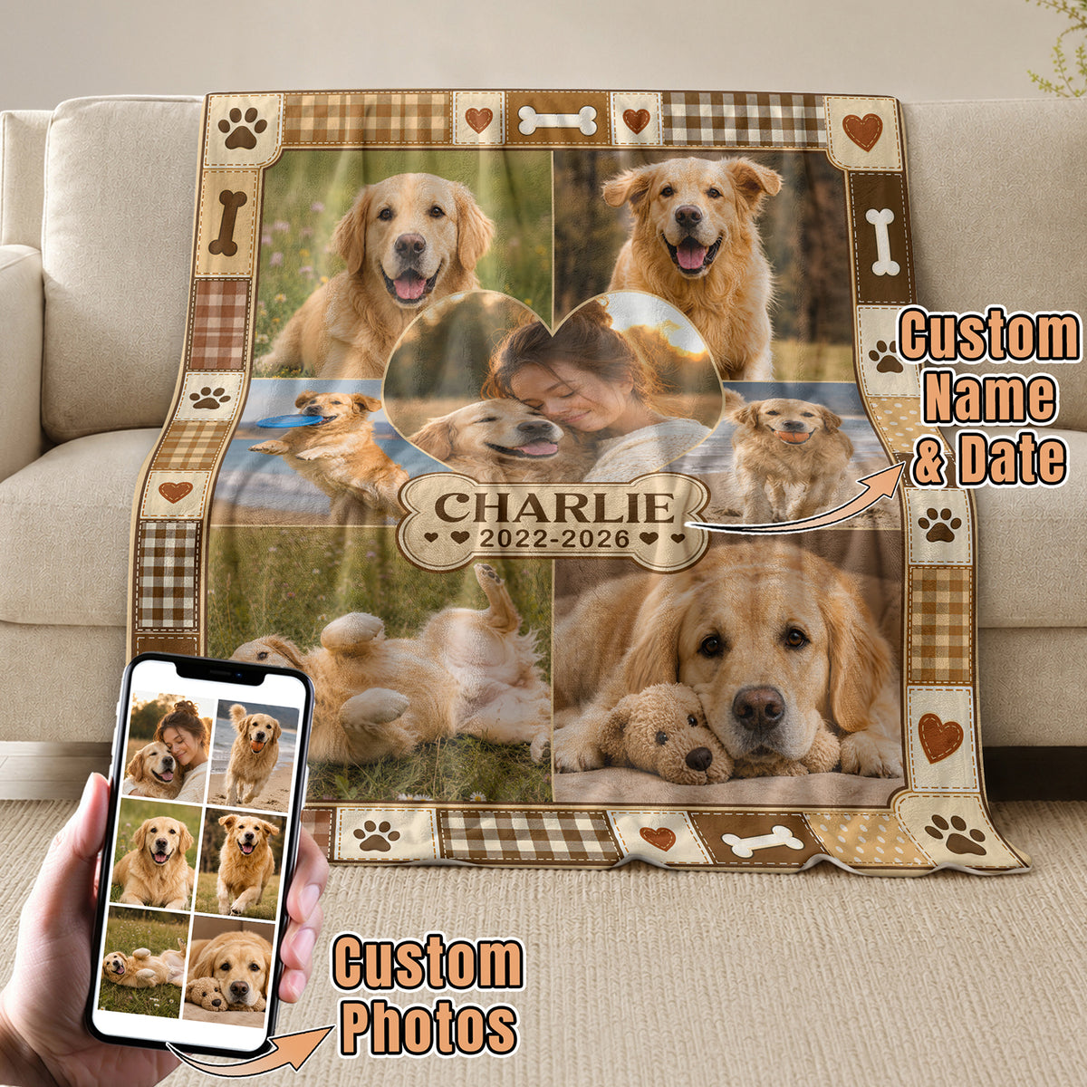 Custom Dog Photo Blanket Pet Memorial Picture Collage Name Date Fleece Throw Dog Loss Gift
