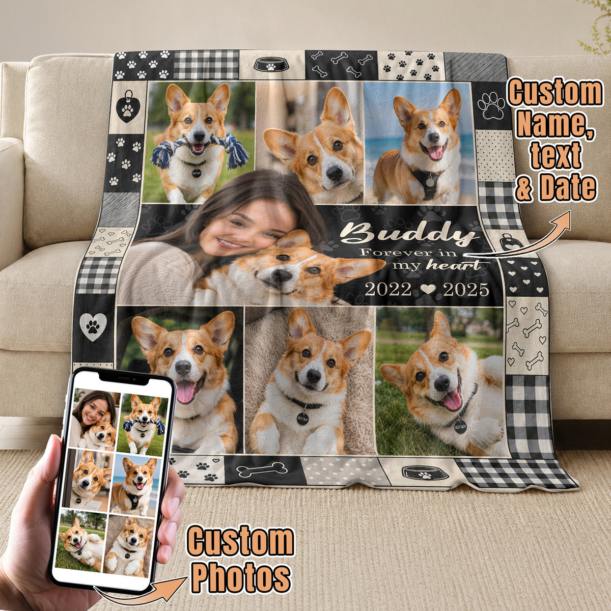 Custom Dog Photo Blanket Pet Memorial Collage Forever In My Heart Fleece Throw Loss Gift
