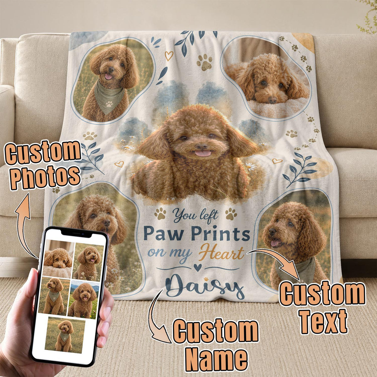 Custom Dog Memorial Blanket Photo Collage Name Paw Prints Soft Fleece Throw Pet Loss Gift