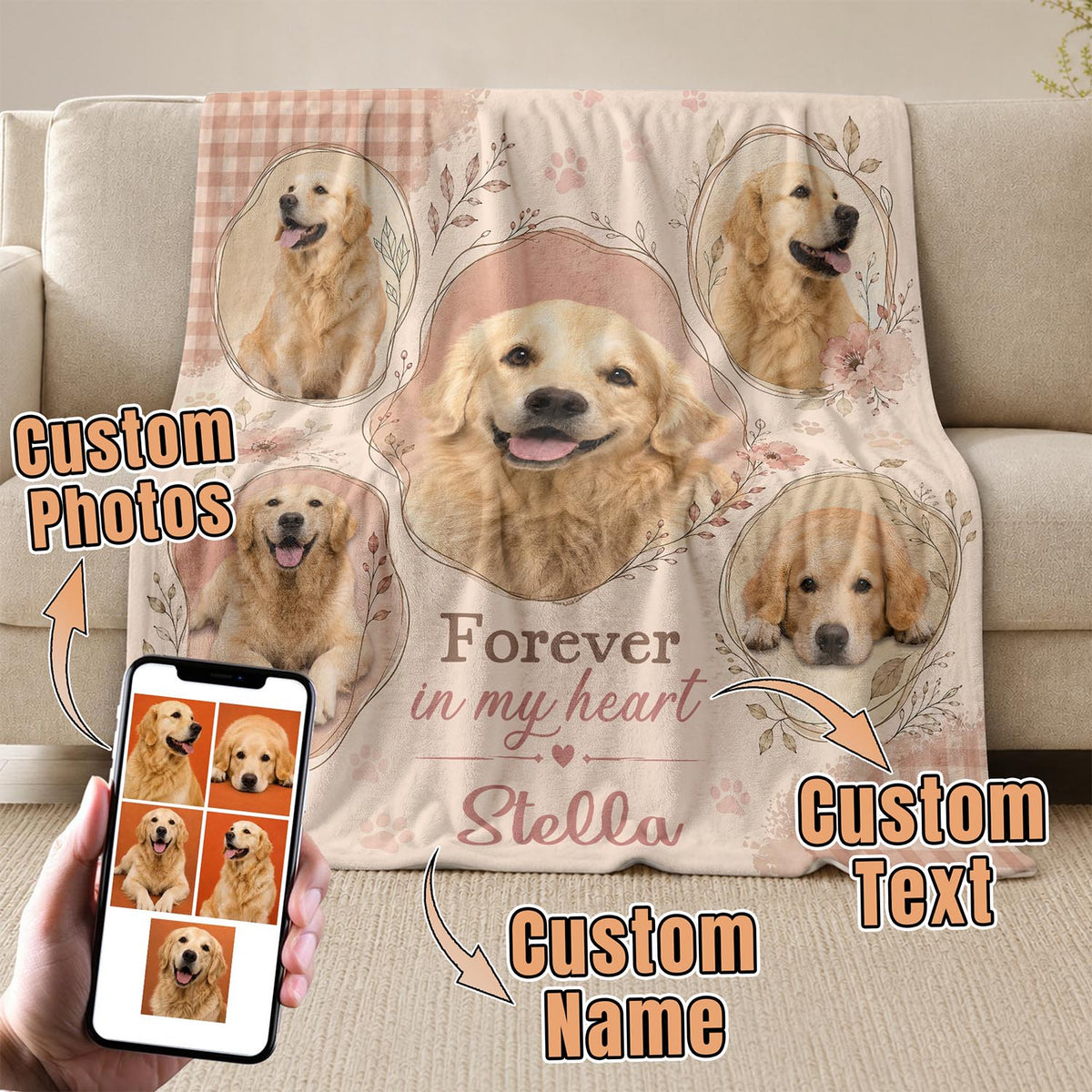 Custom Dog Photo Memorial Blanket Picture Collage Soft Fleece Throw Pet Loss Sympathy Gift