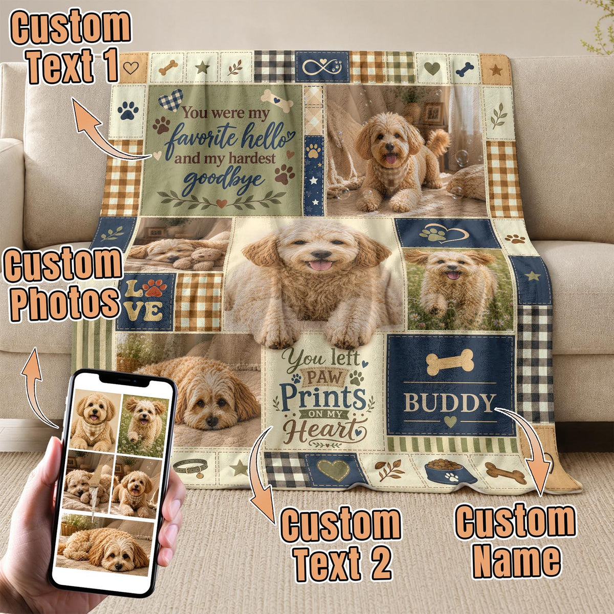 Paw Print Custom Pet Blanket, Customized Blanket with Pictures for Pet Memories, Personalized Gifts for Memorial Keepsakes, Pallyprints Co.