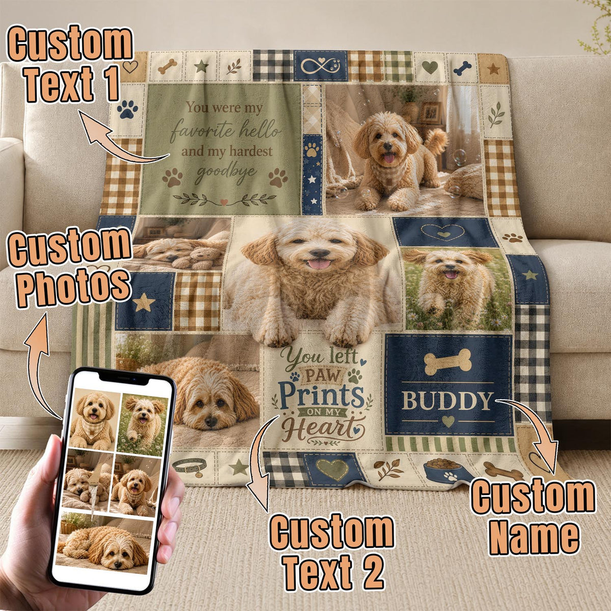 Custom Dog Photo Memorial Blanket Picture Collage Paw Prints Soft Fleece Sympathy Gift