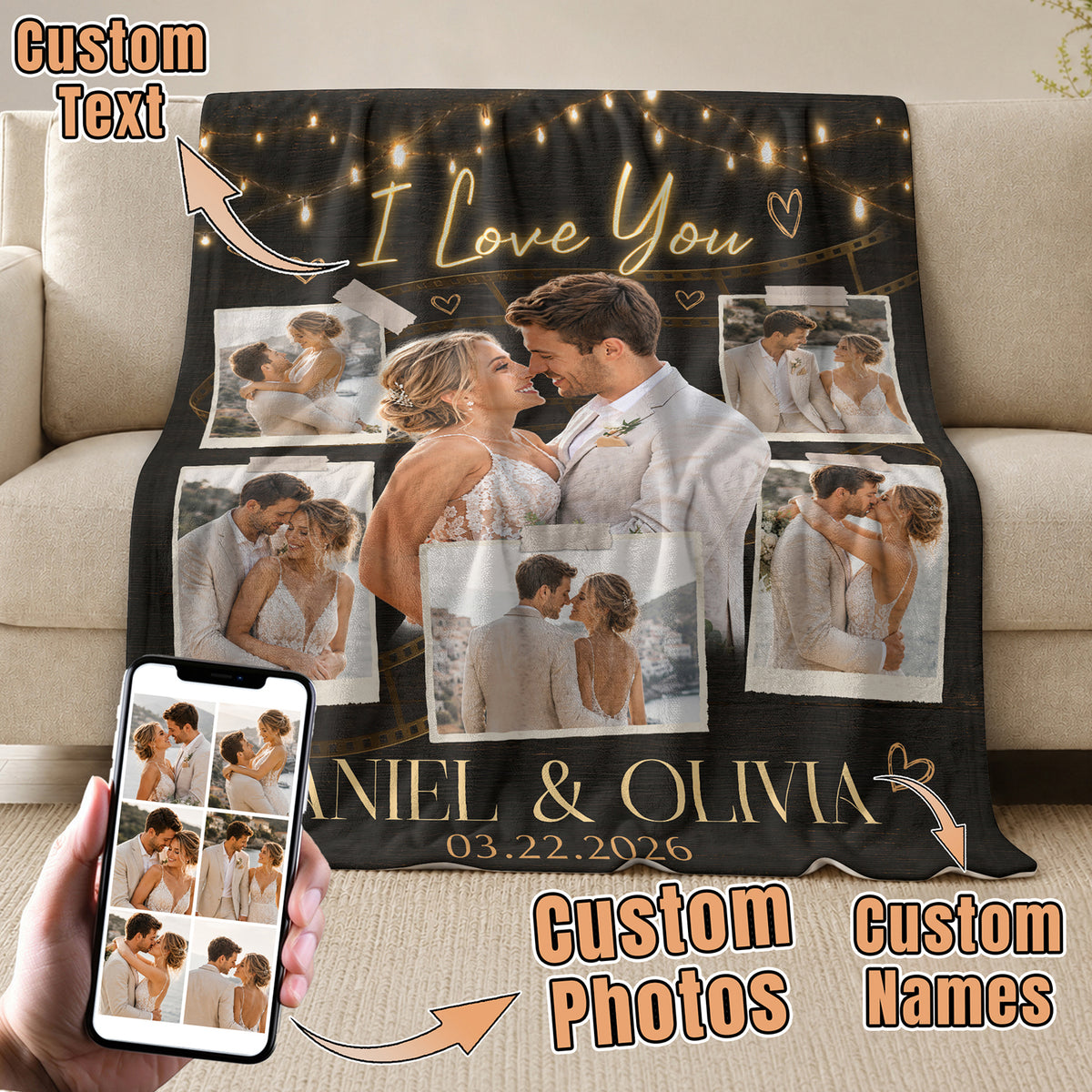 Custom Photo Blanket Couple Personalized Anniversary Gift Film Strip Collage Throw Blanket