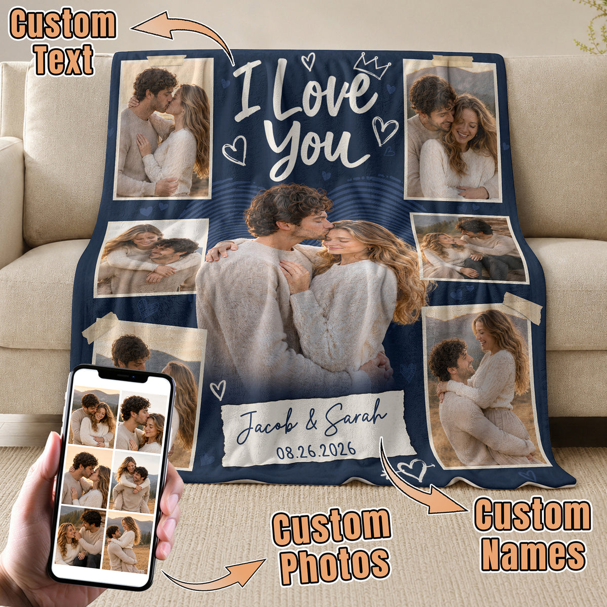 Personalized Photo Blanket for Couples Romantic I Love You Picture Collage Blanket