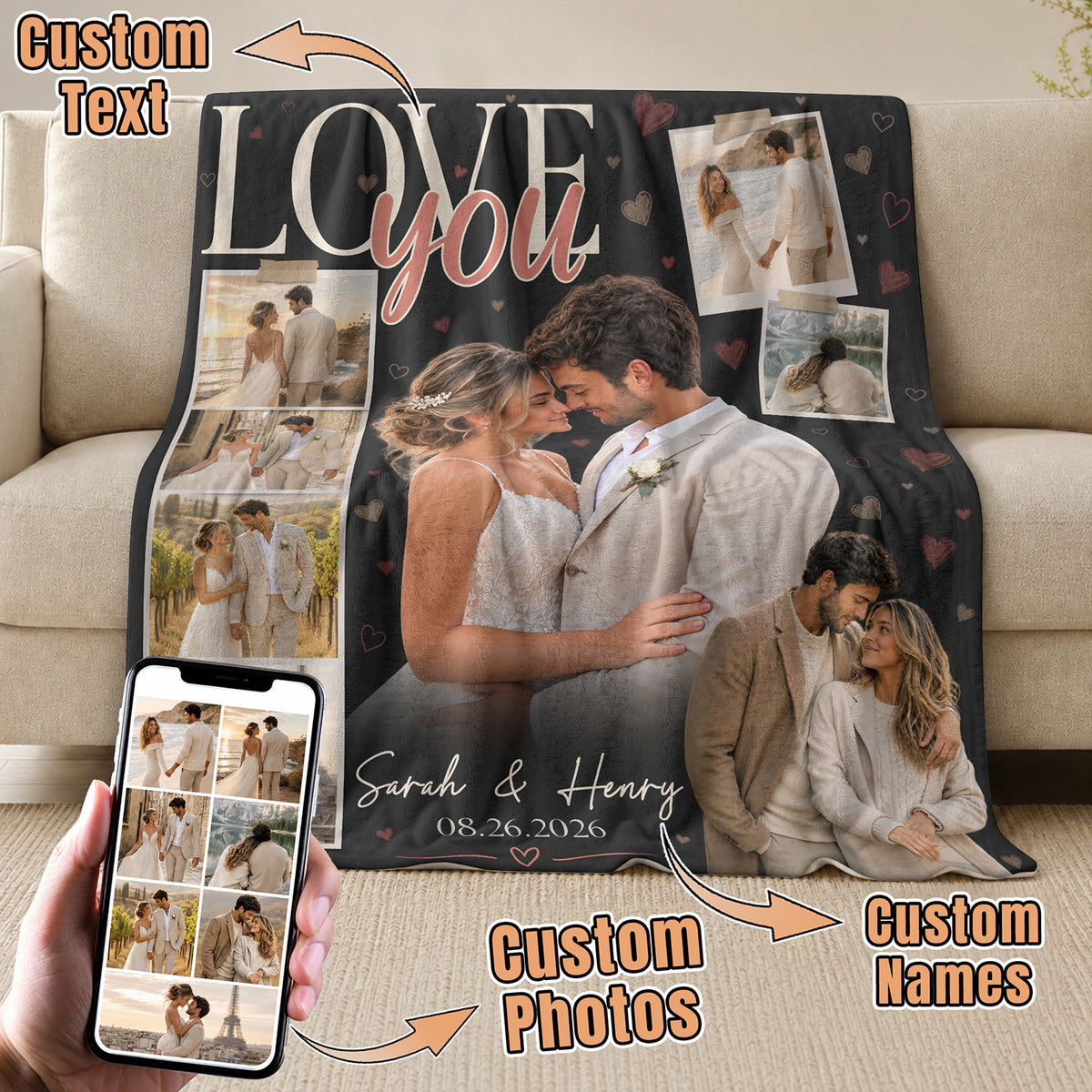 Custom Photo Blanket Couple Personalized Anniversary Gift Love You Collage Throw Blanket