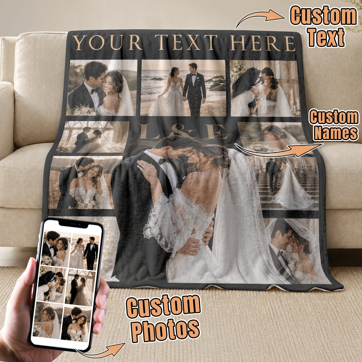 Custom Wedding Photo Collage Blanket Couple Initials Throw Blanket Keepsake Decor