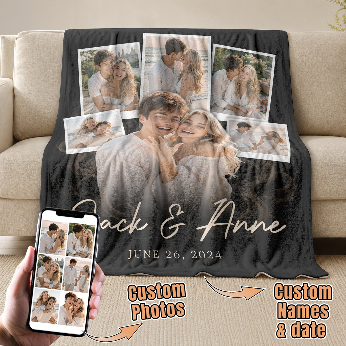 Custom Couple Photo Collage Engagement Blanket Names Date Throw Blanket Keepsake Decor