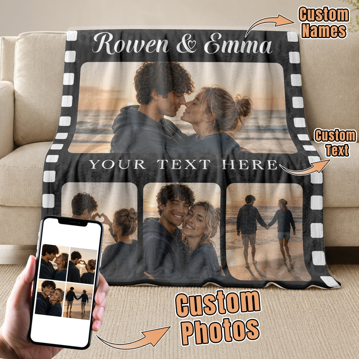 Custom Couple Photo Collage Film Strip Blanket Couple Names Throw Blanket Keepsake