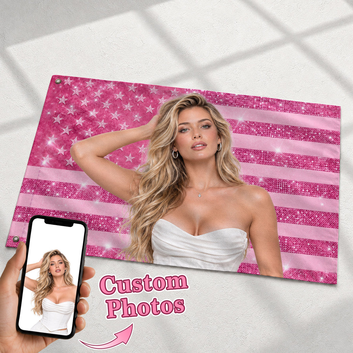 Custom American Photo Flag Pink Glitter American Flag Personalised Butterfly USA Banner