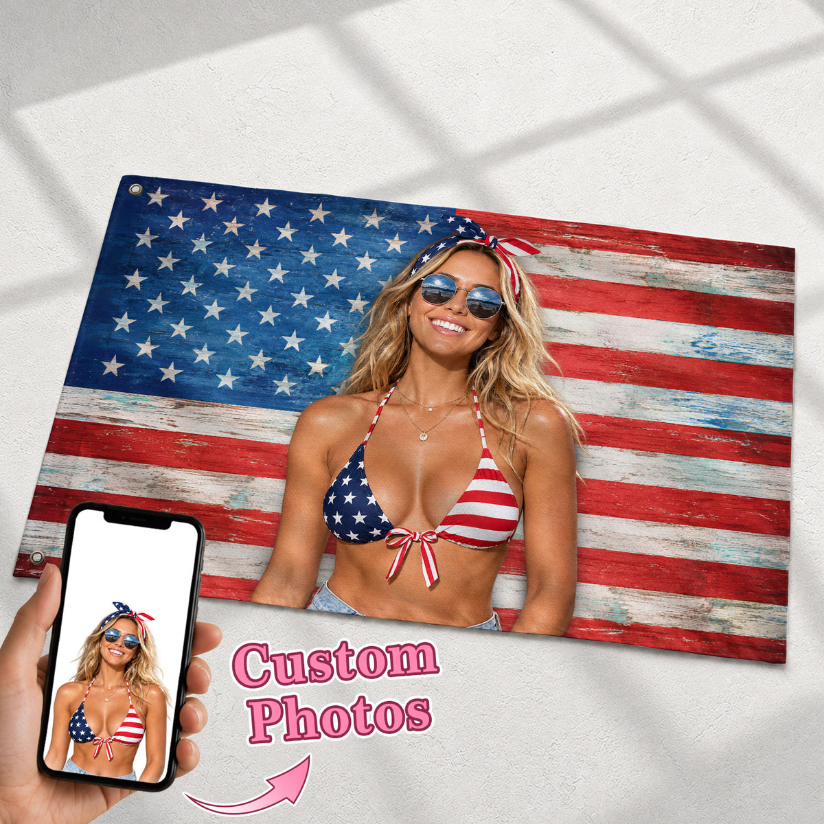 Custom American Flag with Photo Personalized Rustic Wood Picture Flag USA Decor Gift