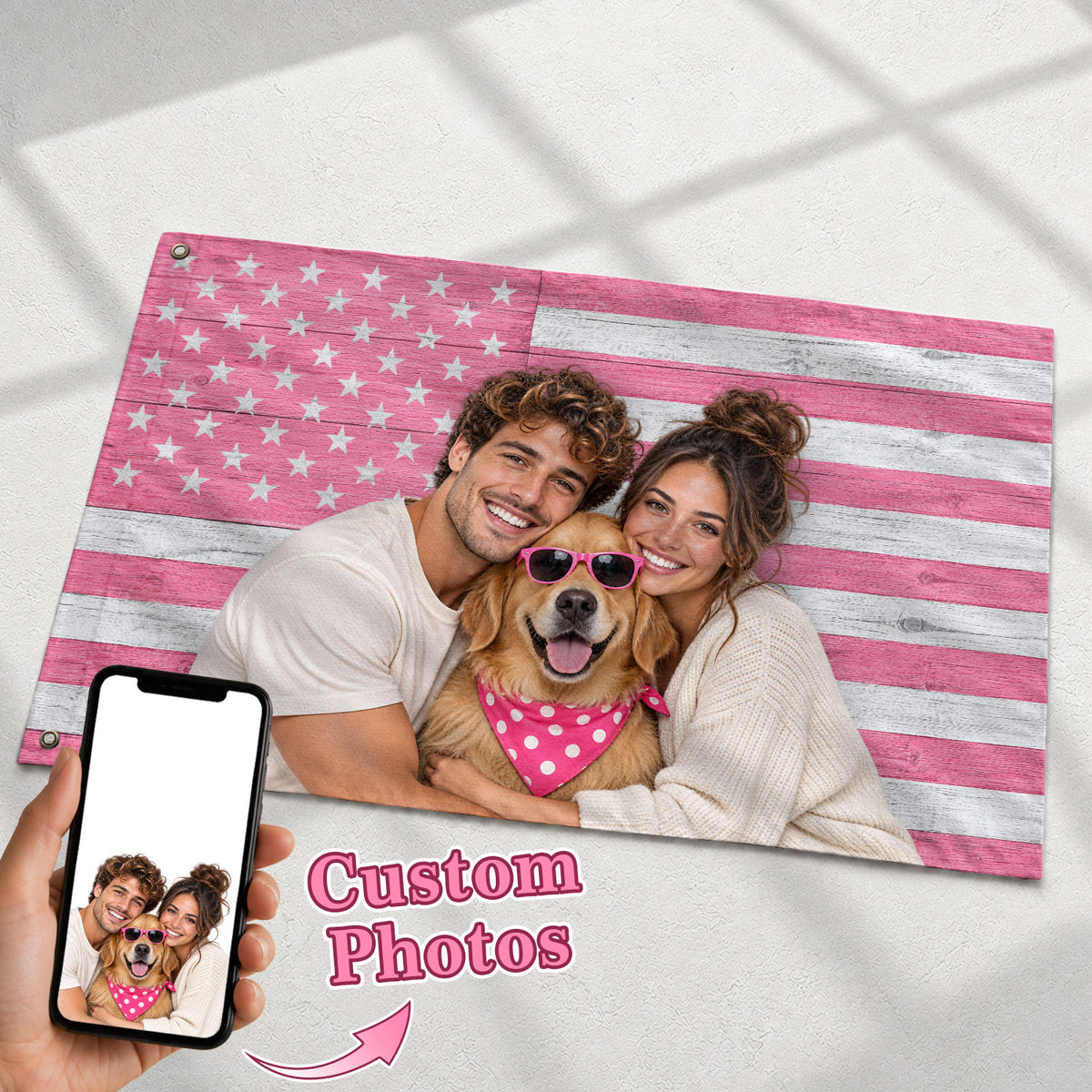 Custom American Flag with Photo Personalized Pink Wood Texture Picture Flag USA Decor