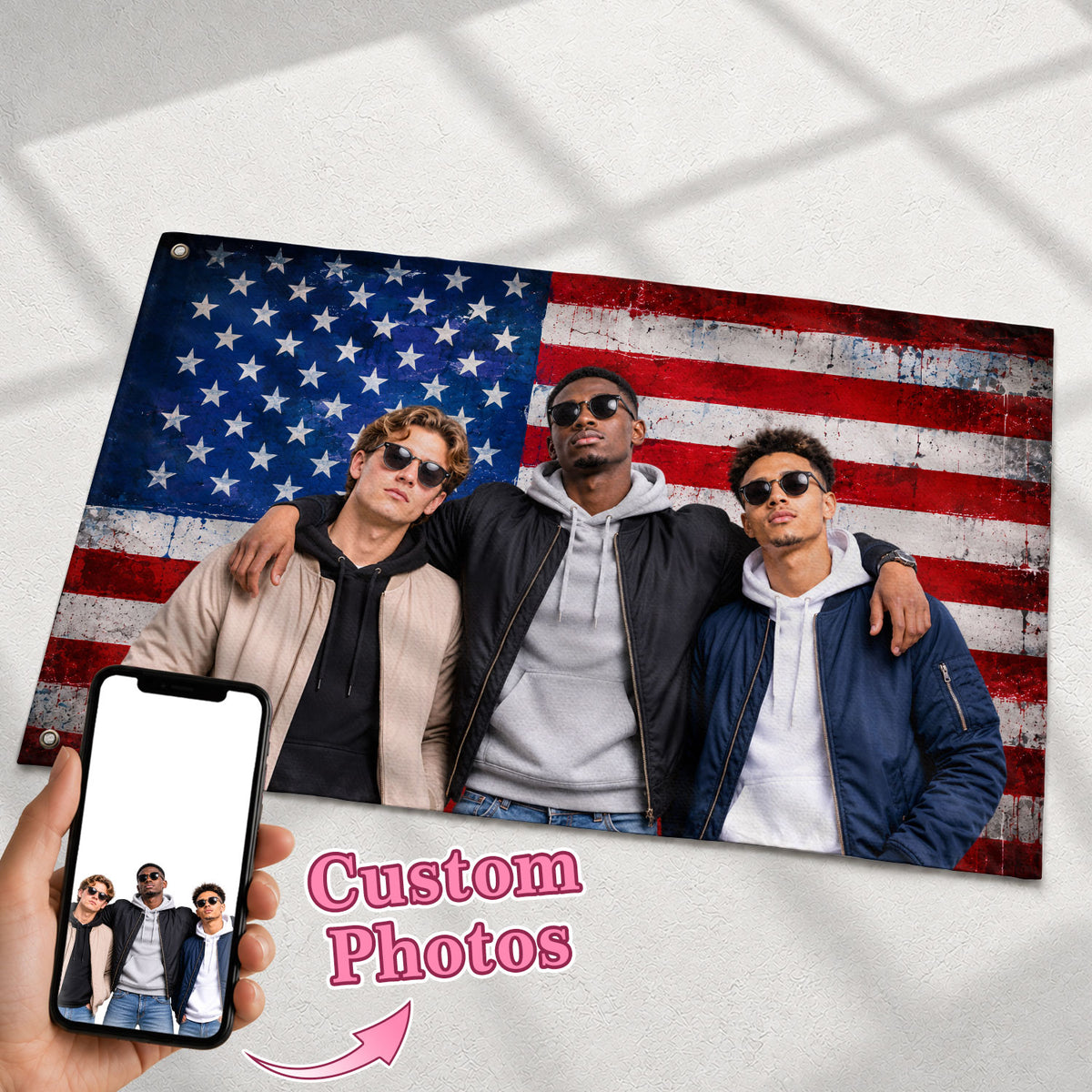 Custom Photo American Flag Personalized Vintage Grunge Picture USA Banner Decor Gift