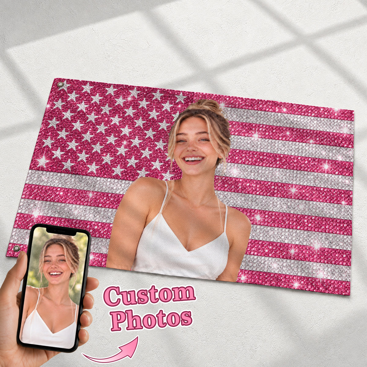 Custom Pink Rhinestone USA Flag Woman Dog Couple Friends Photo Banner Display Piece