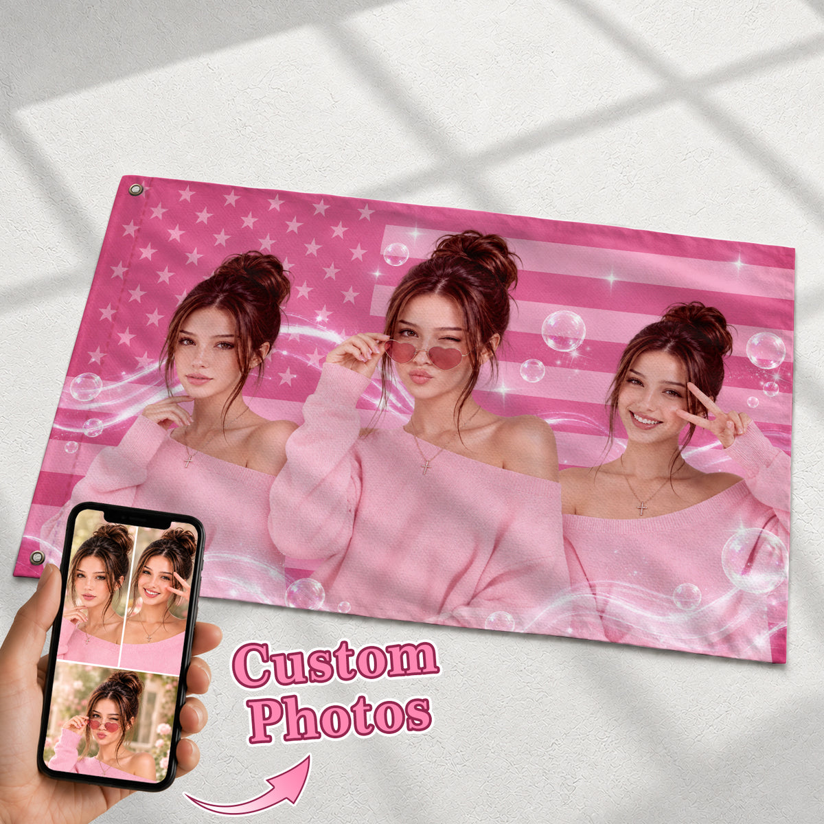 Custom Pink USA Flag Butterfly Photo Collage Banner Wall Art Hanging Tapestry Piece