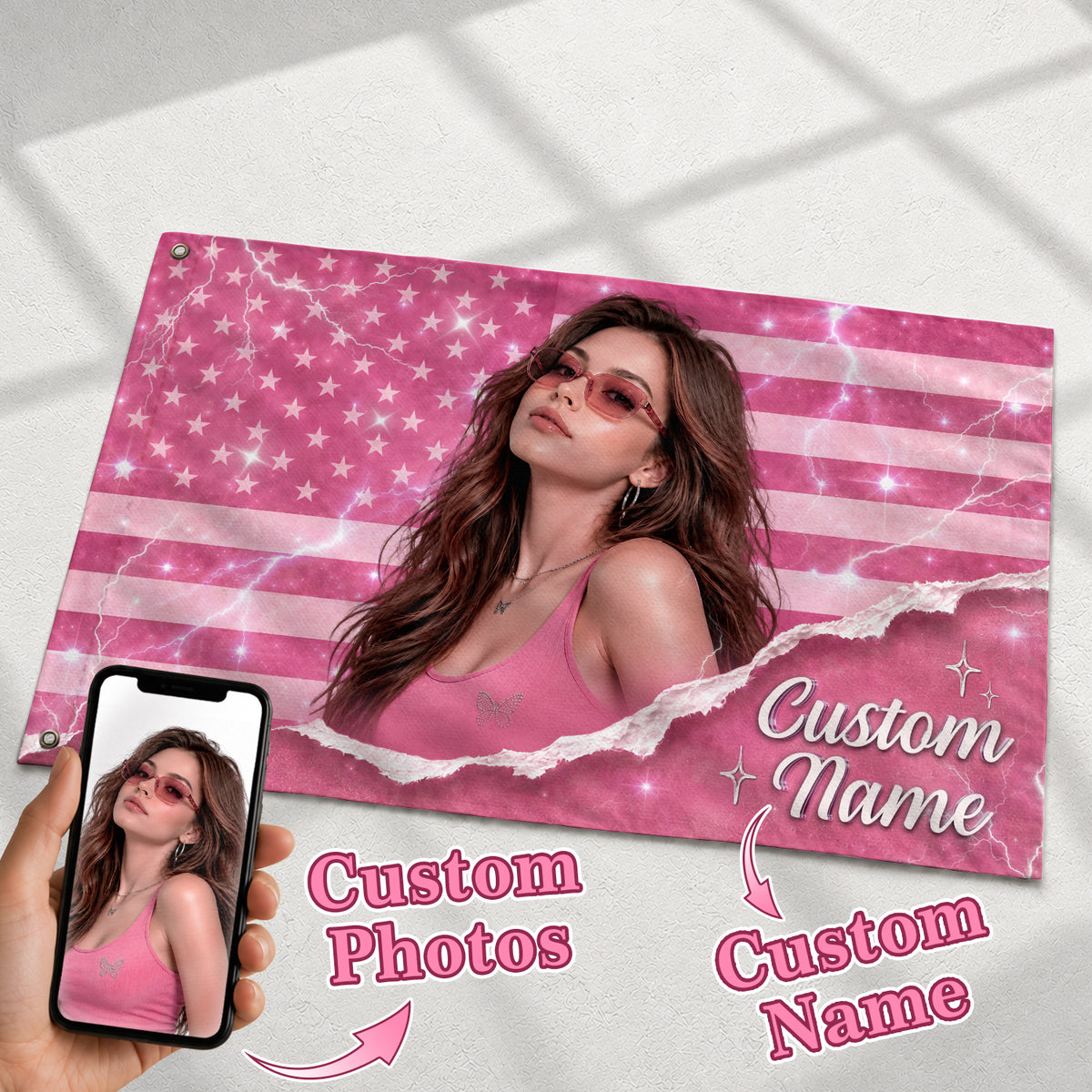 Custom Pink USA Flag Name Portrait Photo Collage Banner Wall Art Hanging Tapestry Piece