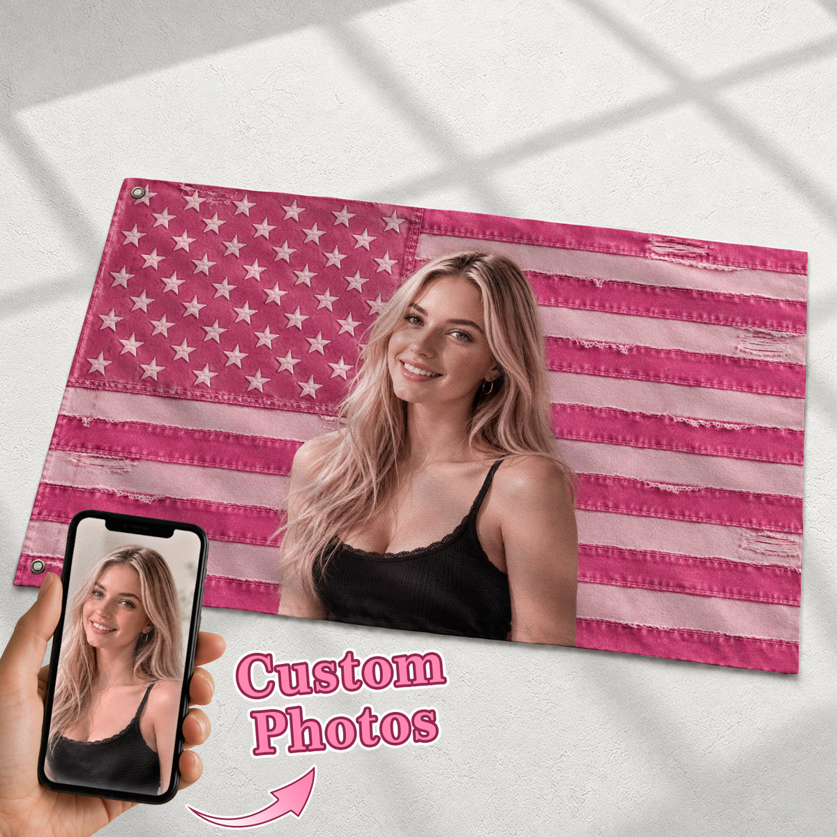 Custom Pink Distressed USA Flag Portrait Photo Collage Banner Wall Art Tapestry Piece