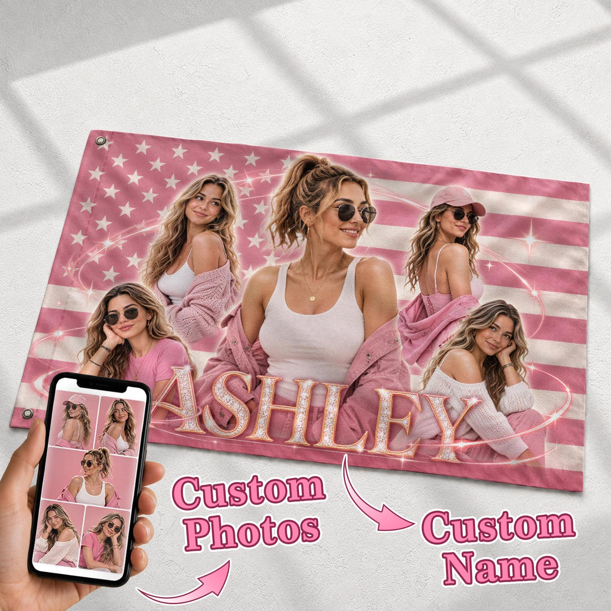 Butterfly Name Photo Collage Pink American Flag Custom, Custom Flag with Picture for Birthdays, Pink Flag Custom-Made Gift, Pallyprints Co.