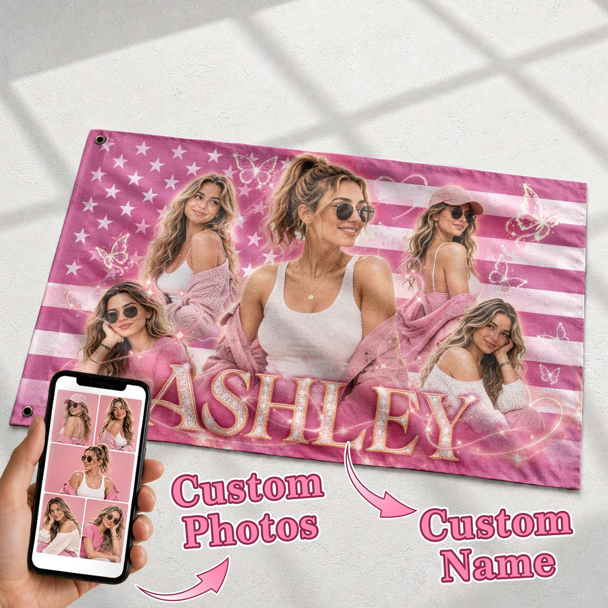 Custom Photo American Flag Pink Glitter Butterfly Personalised Name Picture USA Flag