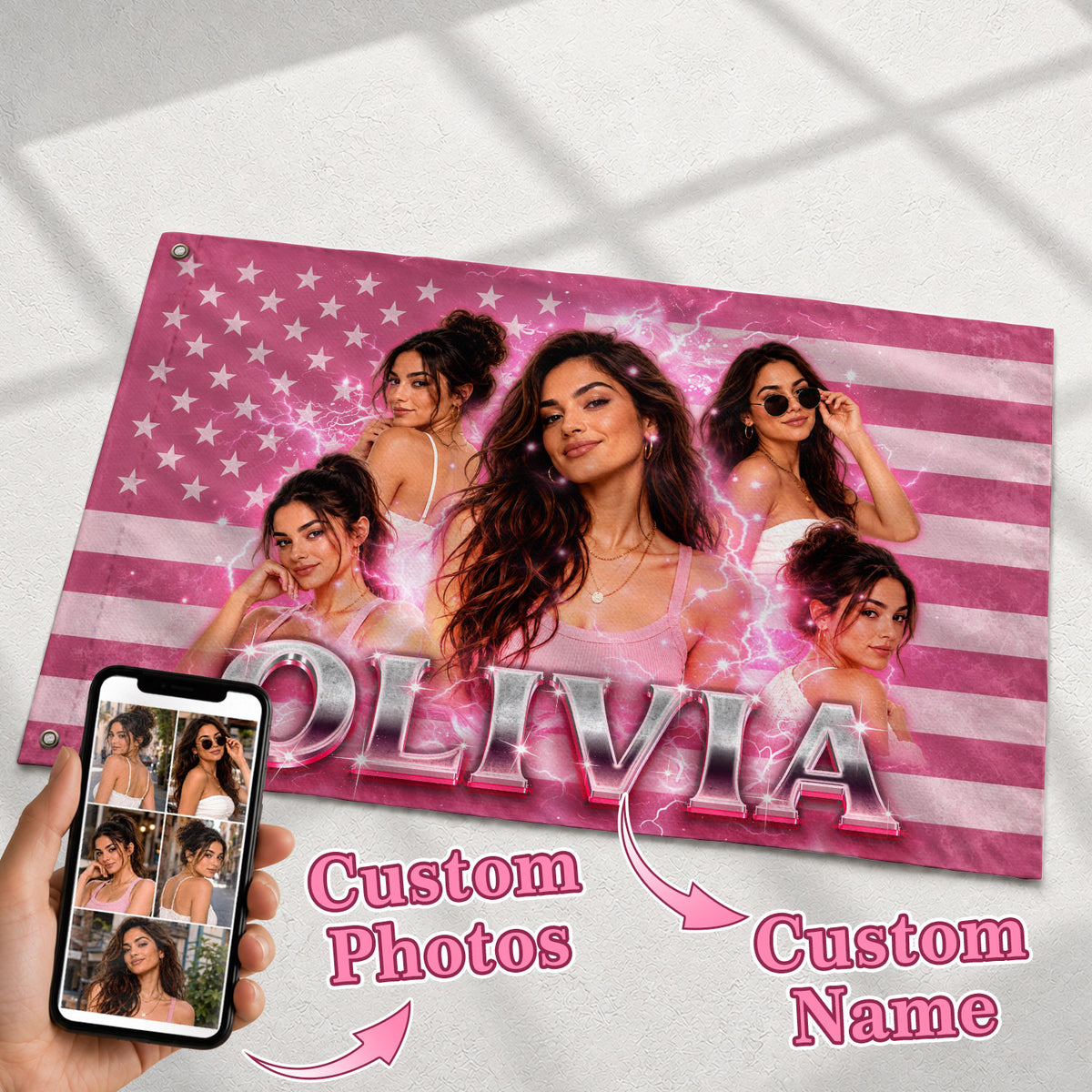 Custom Photo American Flag Personalized Pink Lightning Name USA Picture Flag Gift