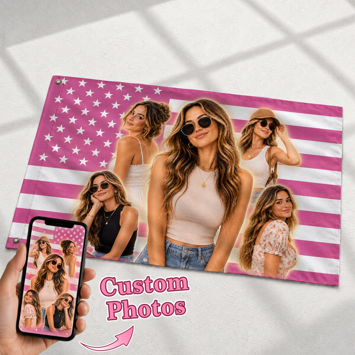Custom Photo American Flag Pink Sparkle Personalized Picture USA Flag Banner Gift
