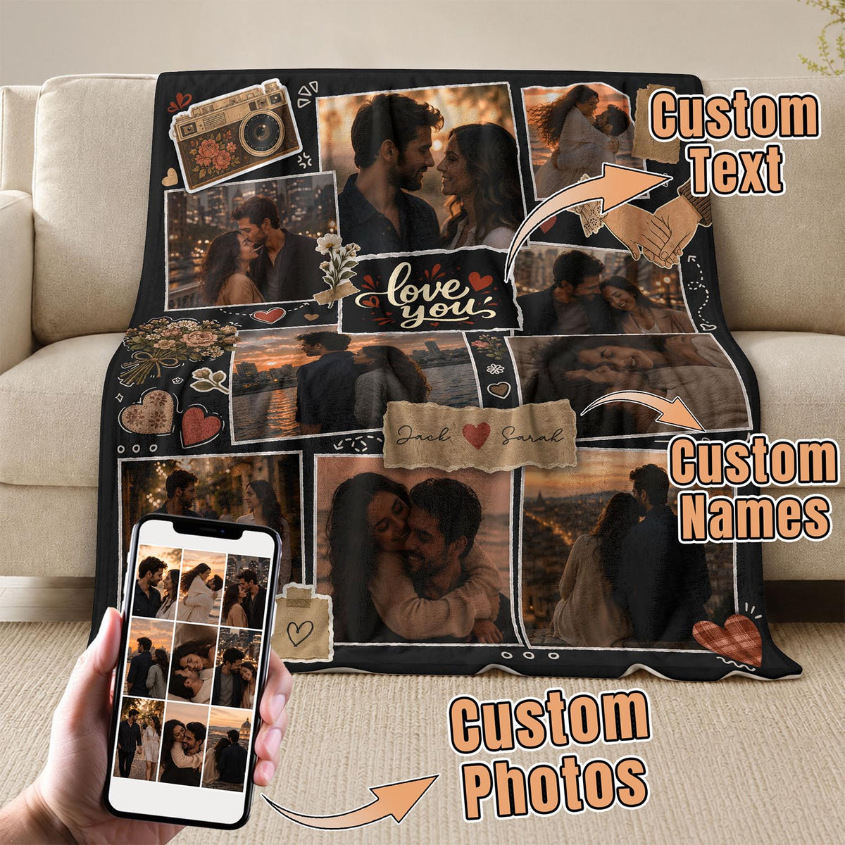 Custom Couple Photo Blanket Picture Collage Soft Fleece Throw Vintage Scrapbook Love Gift