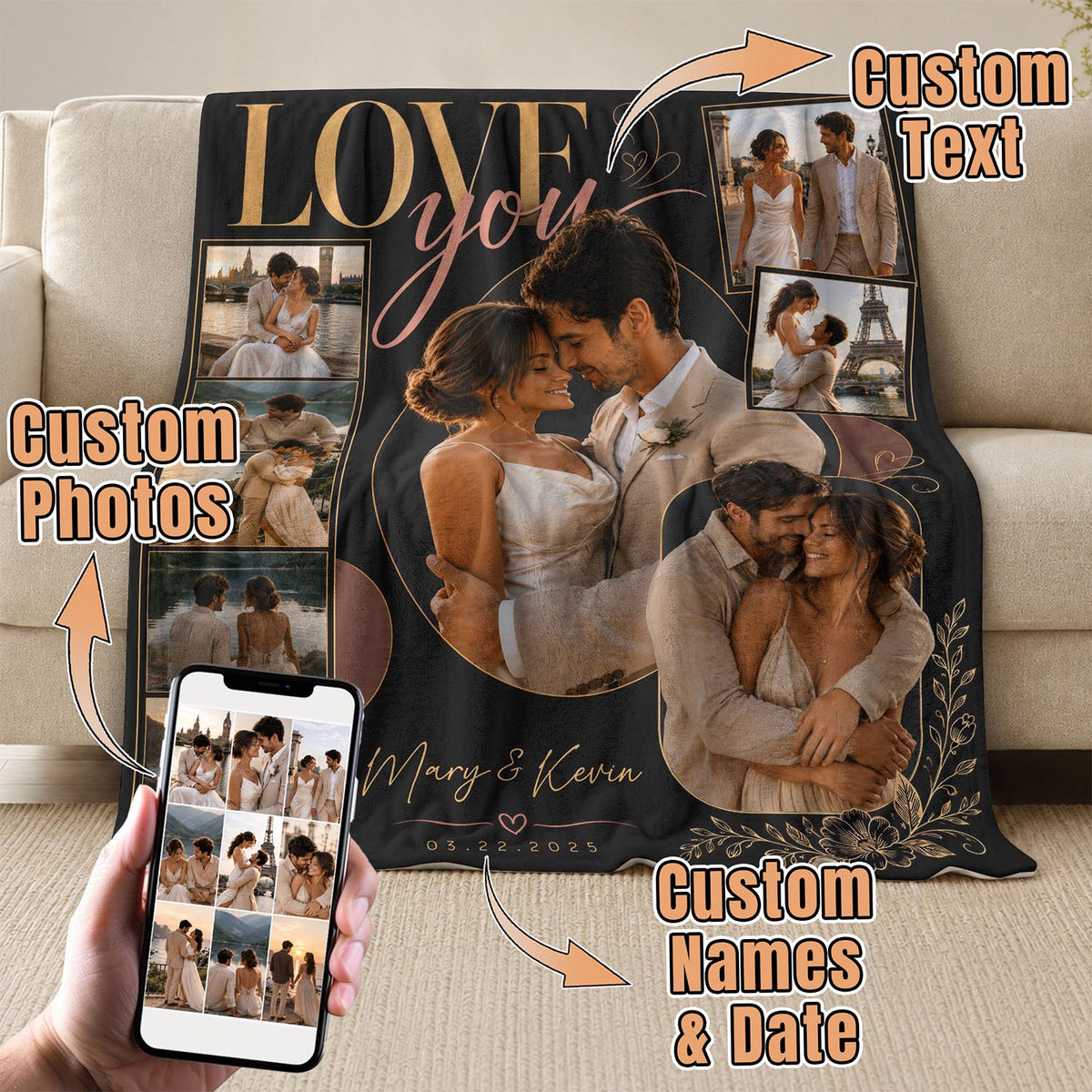 Custom Photo Blanket Collage Couple Names Love You Date Soft Fleece Throw Romantic Gift