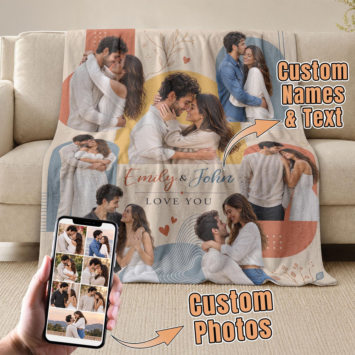 Custom Photo Blanket Collage Couple Names Date Soft Fleece Throw Boho Art Anniversary Gift