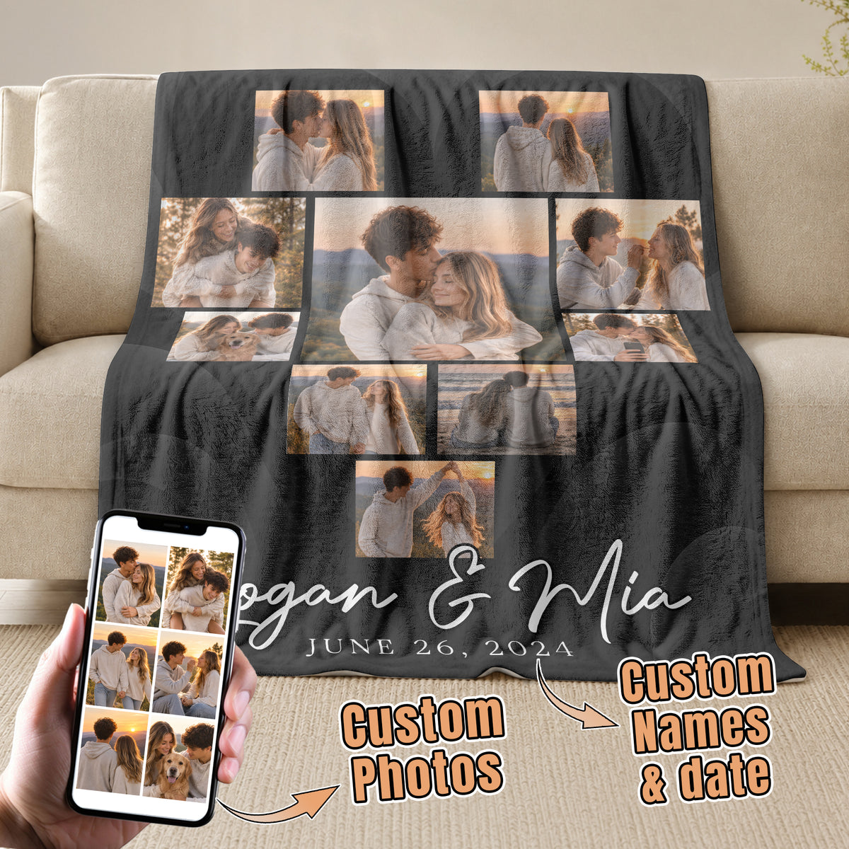 Custom Couple Photo Collage Fleece Blanket Names Date Soft Warm Bed Throw Tapestry