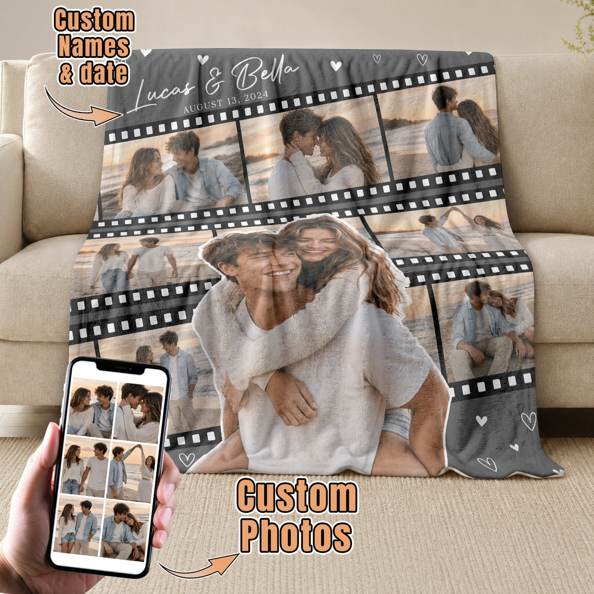 Custom Couple Film Strip Photo Collage Fleece Blanket Names Date Soft Warm Throw Piece