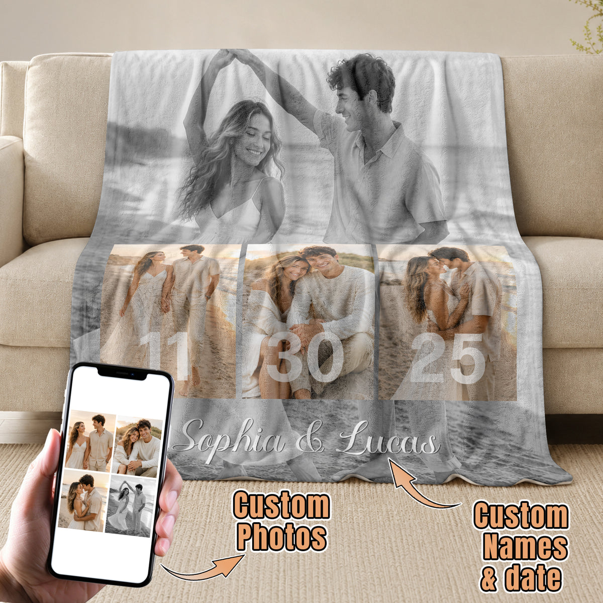 Personalized Couple Picture Blanket Custom Photo Collage Soft Warm Fleece Blanket Date