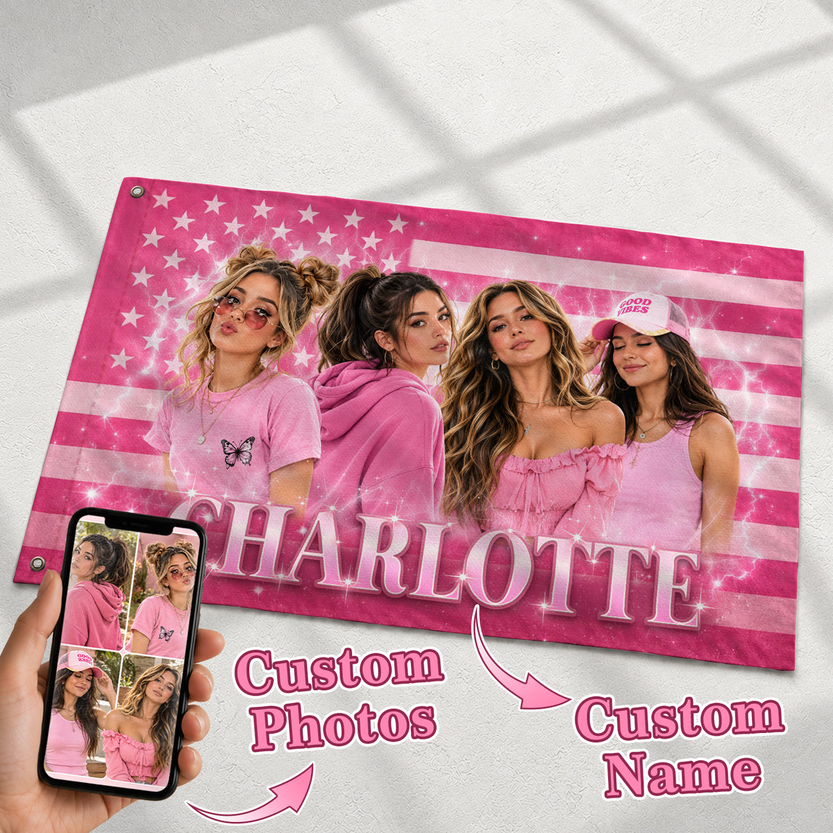Custom Name Photo Collage Flag American Stars Stripes Wall Hanging Display Banner