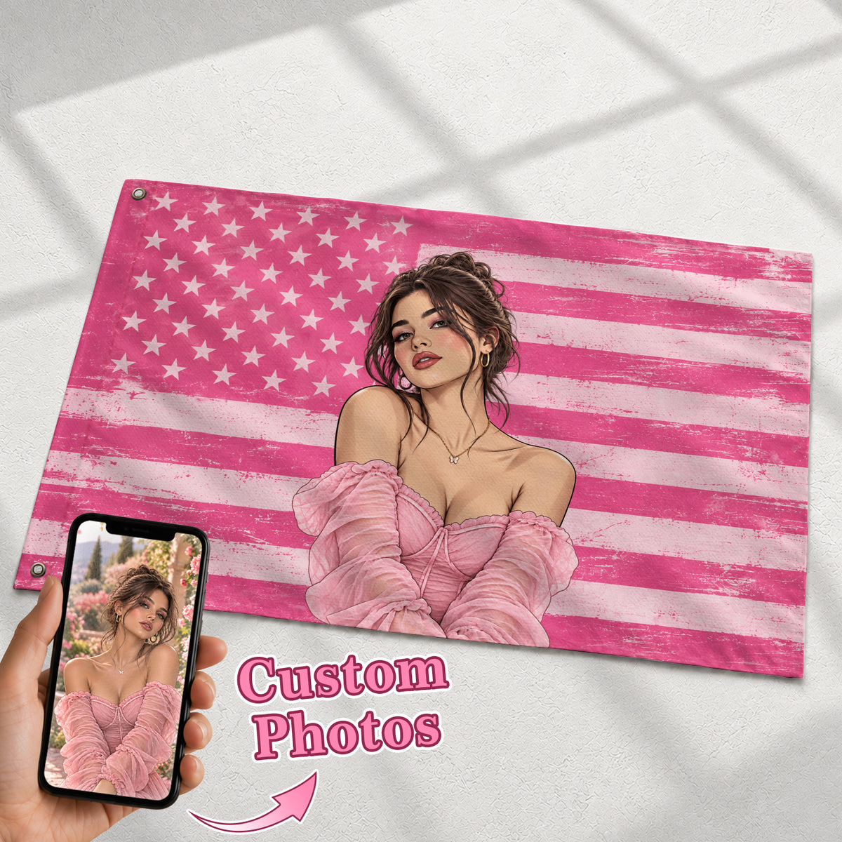Custom Portrait Photo Flag American Stars Stripes Distressed Wall Hanging Banner