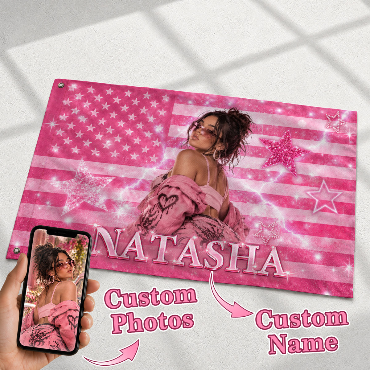 Custom Name Photo Flag American Stars Sparkle Glitter Wall Hanging Display Banner