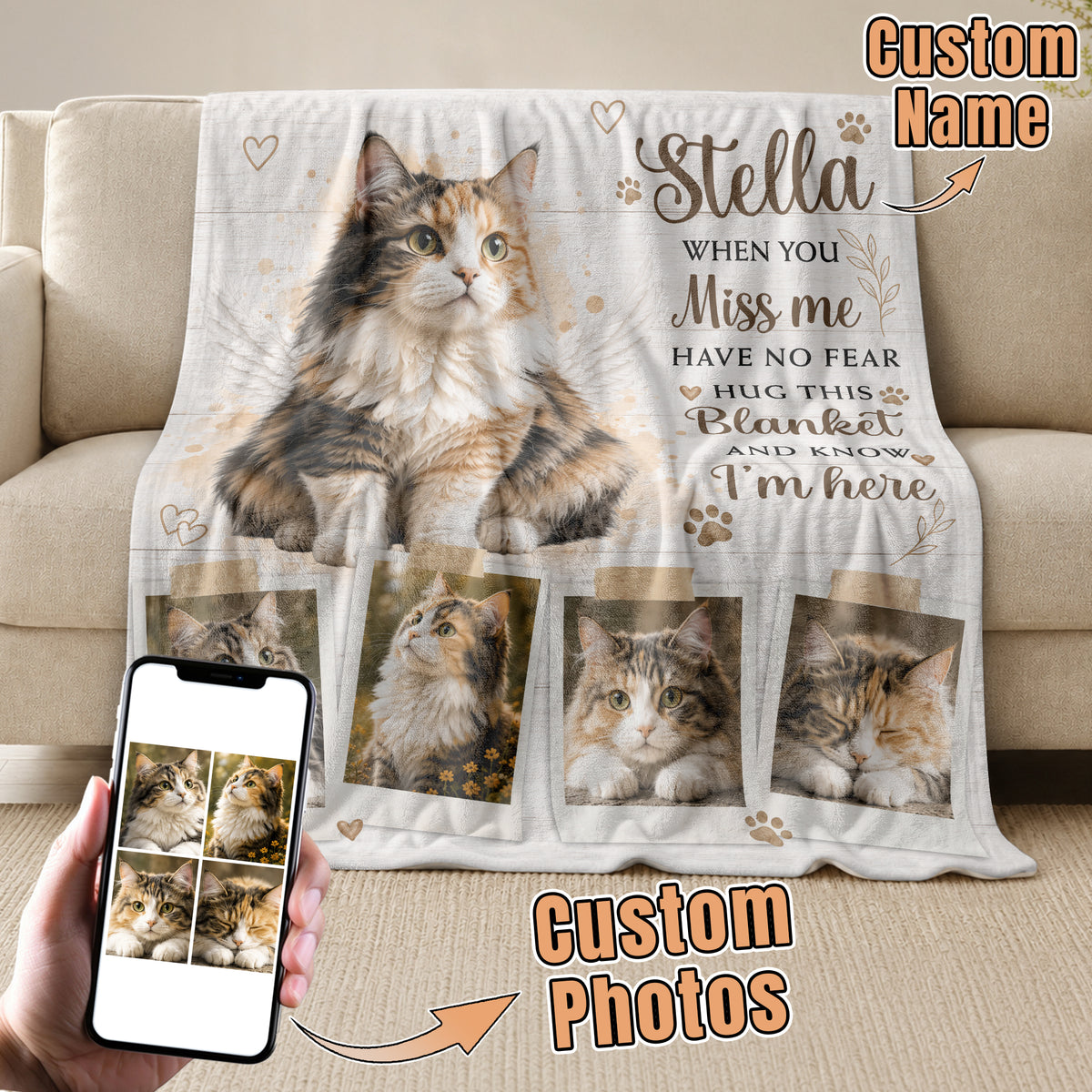 Custom Pet Cat Photo Collage Fleece Blanket Name Memory Memorial Throw Tapestry Item