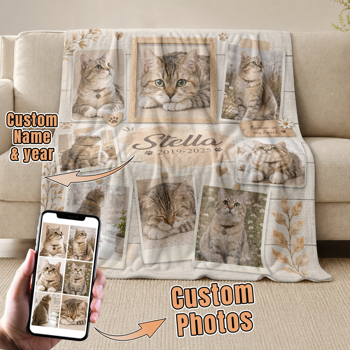 Custom Pet Cat Photo Collage Fleece Blanket Name Floral Memorial Throw Tapestry Item